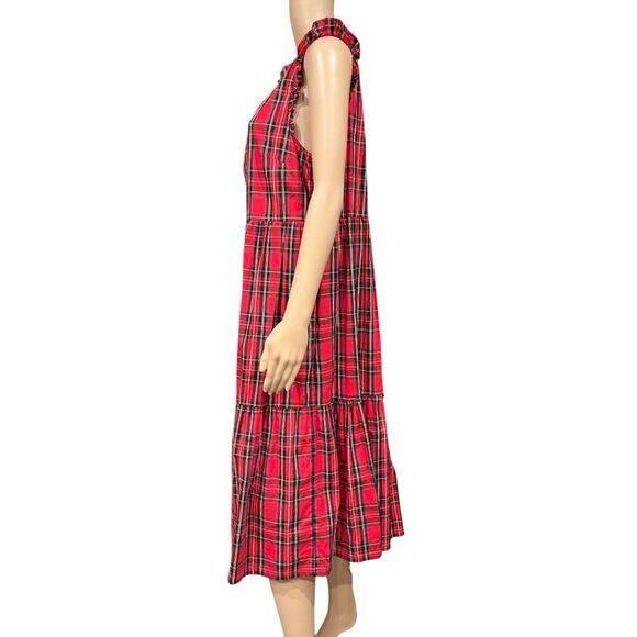 J CREW NWOT BC706 Holiday Trendy RED Tartan Plaid Tiered Ruffle Midi Dress Sz 12 - Picture 7 of 11